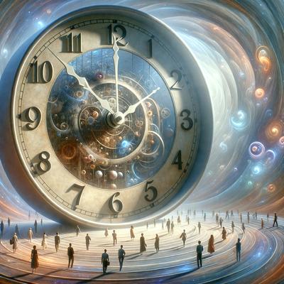 The primary subject of the image is a large clock with a unique design, featuring a large face and a clockwork mechanism. The clock is set against a backdrop of a spiral, giving it a futuristic and intricate appearance. The visual style of the image is a combination of digital art and illustration, creating a captivating and imaginative scene. The colors and mood of the image are predominantly blue and orange, with the blue tones representing the clock's face and the orange tones adding a